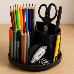 Rotating Desktop Pen Organizer With Multiple Compartments For Creative Art Supplies And Office Storage